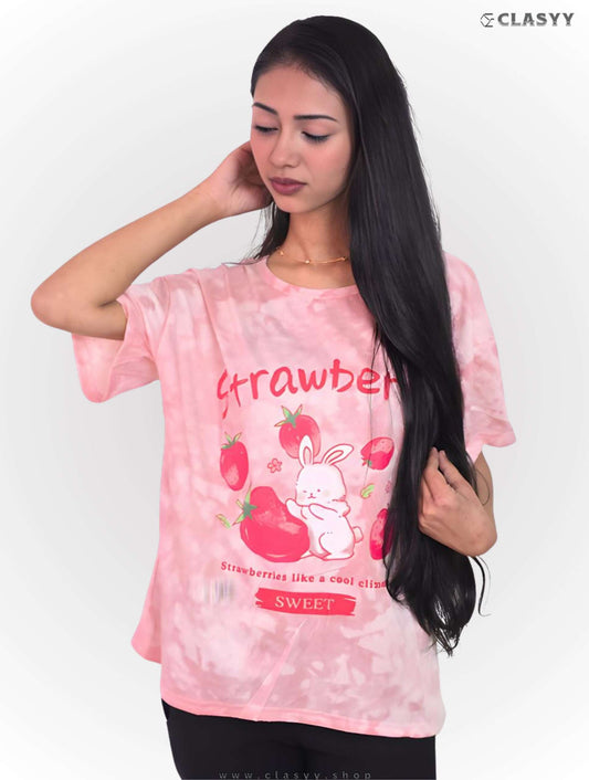 Women Summer Printed Short-sleeved T-shirt with Shorts Combo Strawberry Rabbit