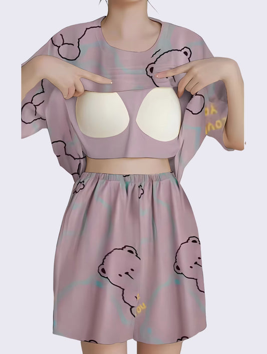 Purple bear Women Summer Printed Short-sleeved T-shirt With Chest Pad + Shorts Combo