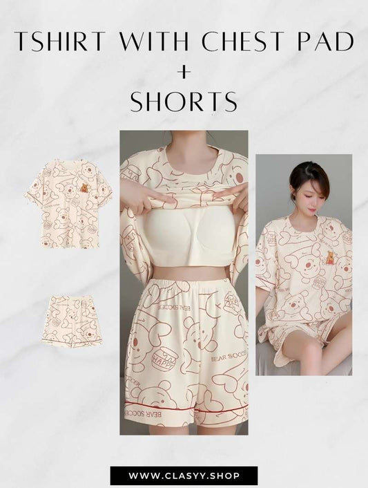 Women Summer Printed Short-sleeved T-shirt With Chest Pad + Shorts Combo