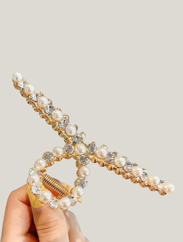 Metal Hair Clip R-type Pearl with Drill Clamp Light Gold