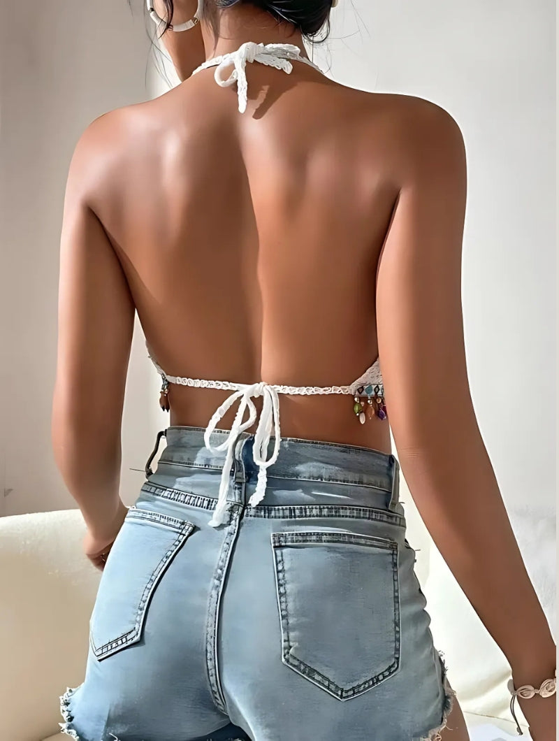 Crochet Knitted Embroidered Backless Tube Top