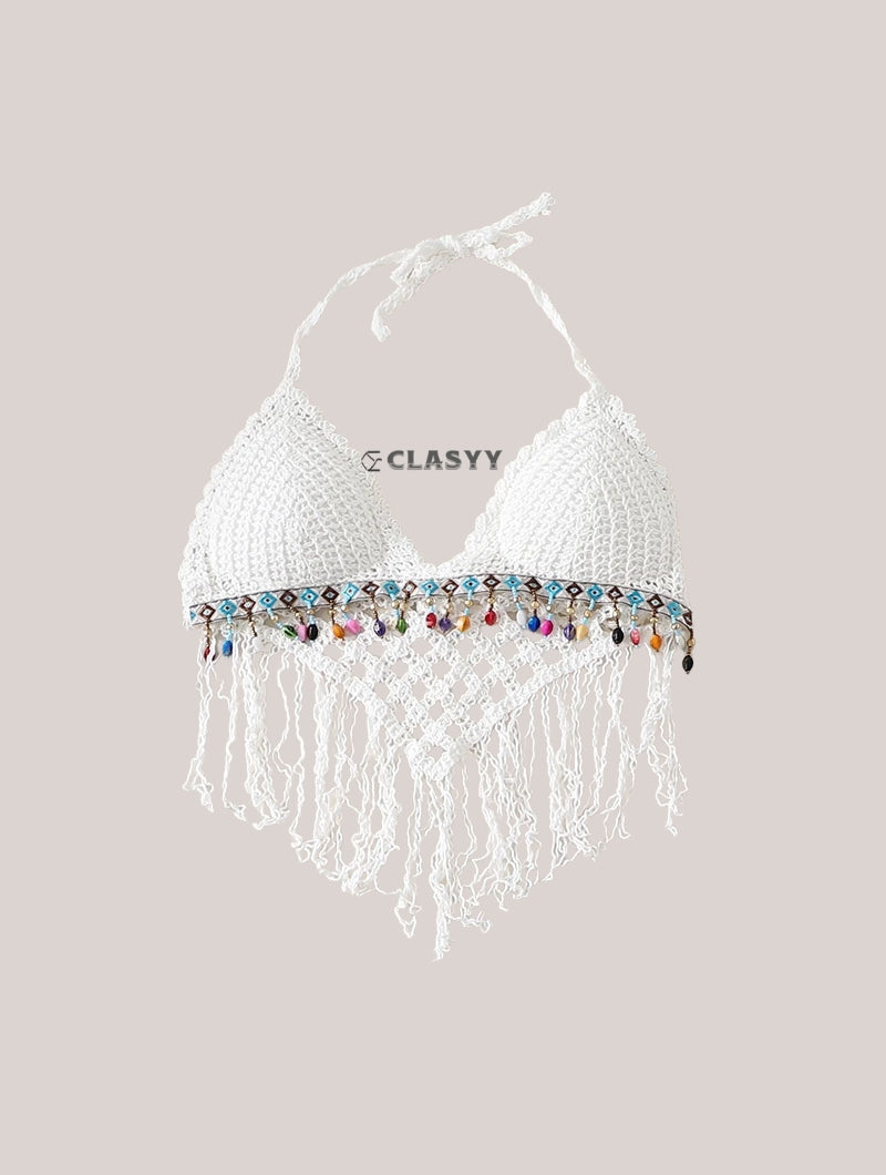 Crochet Knitted Embroidered Backless Tube Top Beads