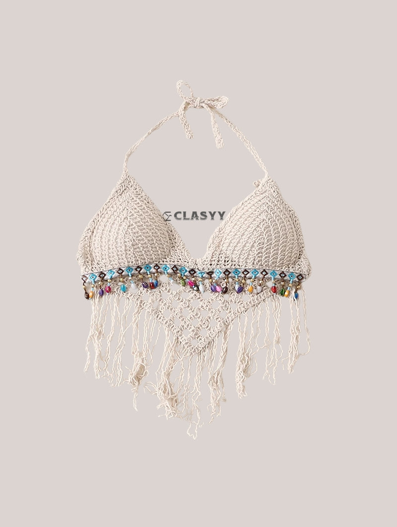 Crochet Knitted Embroidered Backless Tube Top Beads