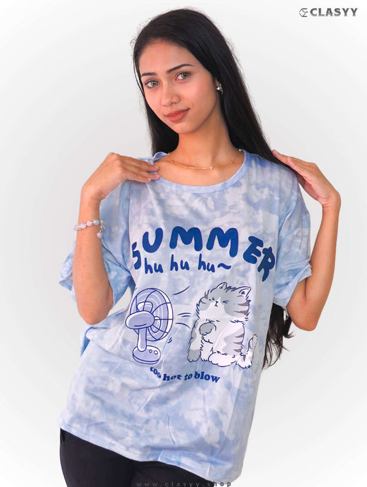 Women Summer Printed Short-sleeved T-shirt with Shorts Combo Blowing Cat