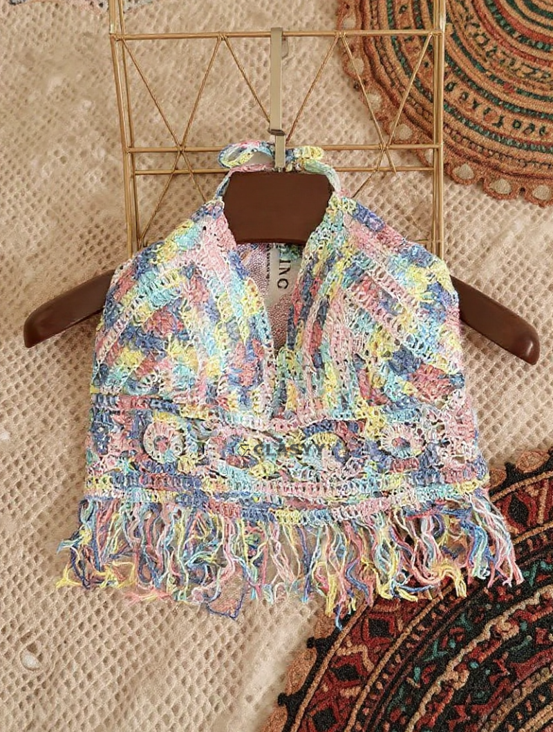 Women Crochet Boho Beach Camisoles Knit Bra Backless Beachwear Tank Top