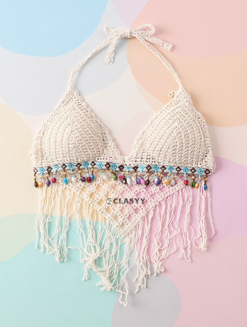 Crochet Knitted Embroidered Backless Tube Top Beads