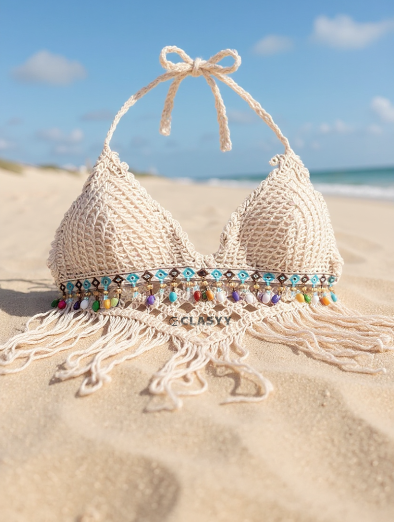 Crochet Knitted Embroidered Backless Tube Top Beads