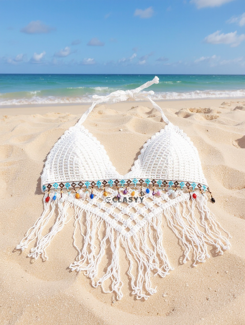 Crochet Knitted Embroidered Backless Tube Top Beads