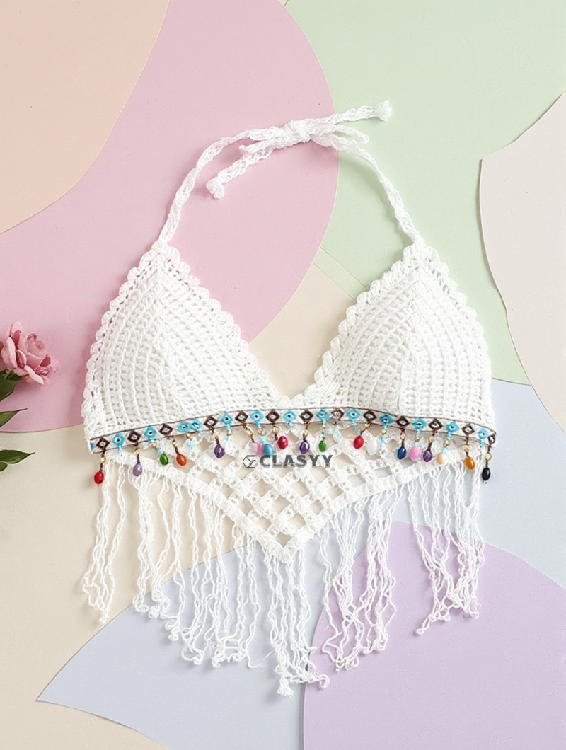 Crochet Knitted Embroidered Backless Tube Top Beads