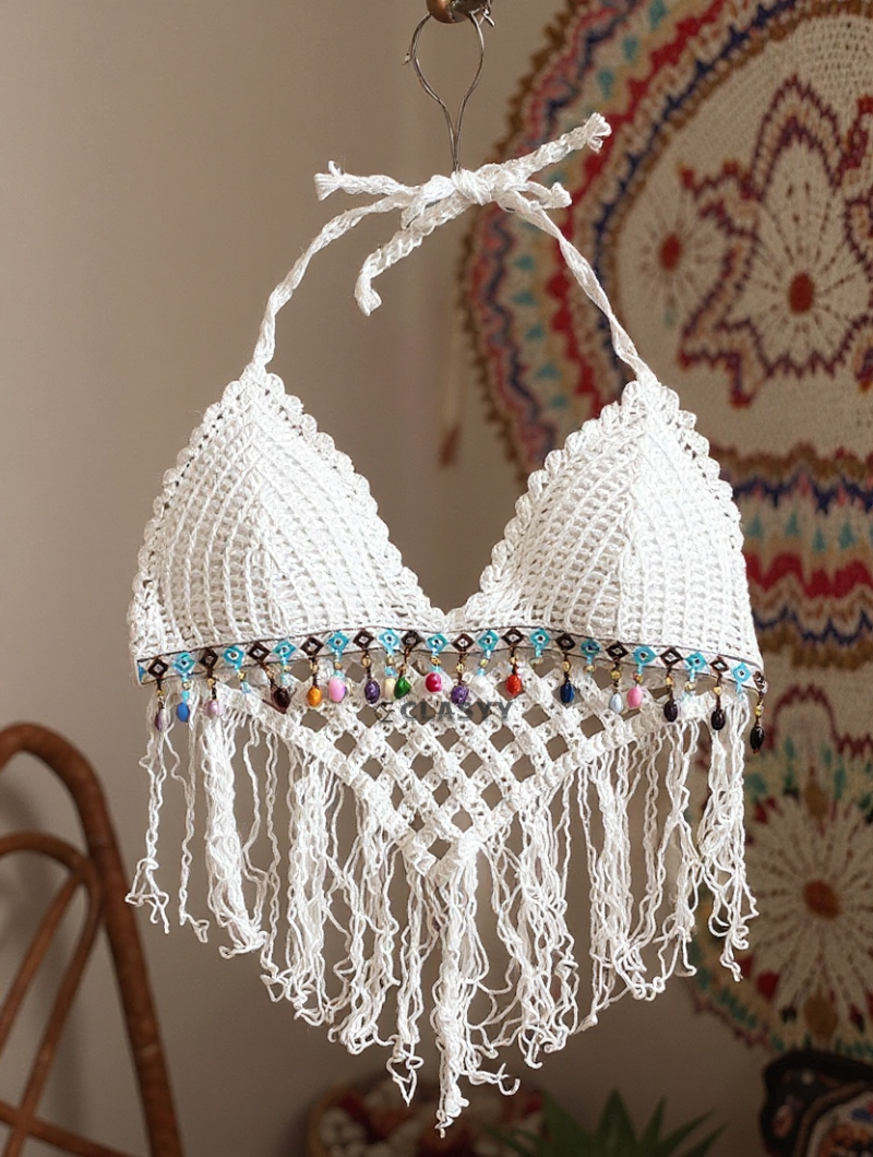 Crochet Knitted Embroidered Backless Tube Top Beads