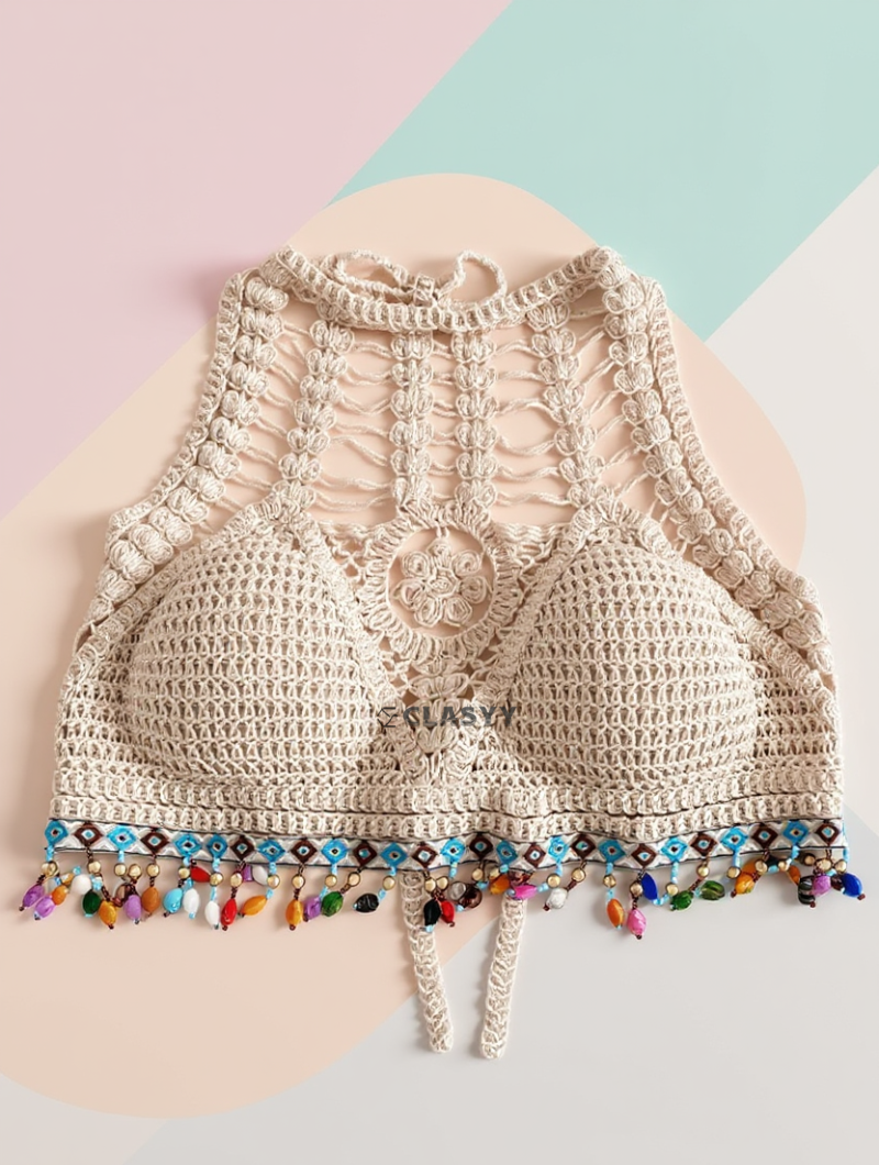 Crochet Knitted Embroidered Backless Tube Top