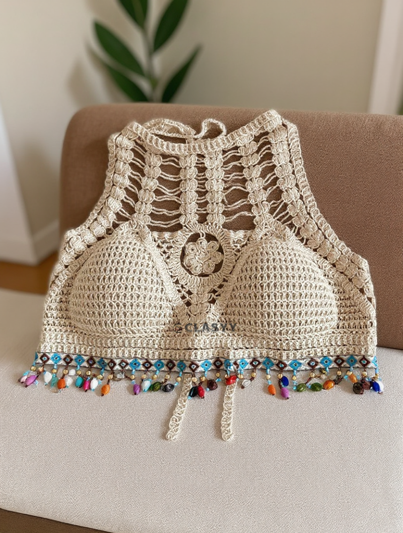Crochet Knitted Embroidered Backless Tube Top