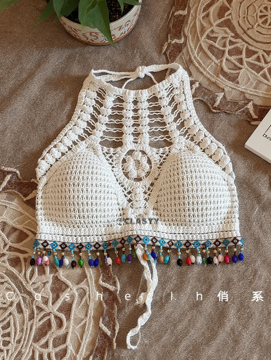 Crochet Knitted Embroidered Backless Tube Top