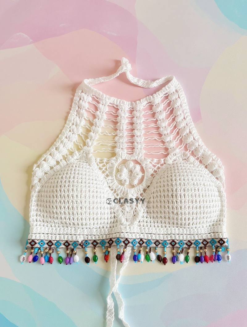 Crochet Knitted Embroidered Backless Tube Top