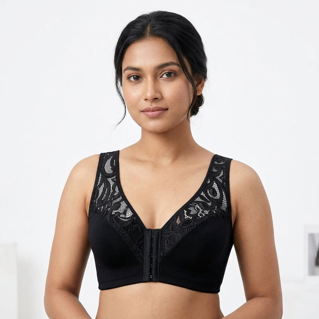 Plus Size 3/4 Cup Lace Front-Clasp Bra for Women – Wire-Free Seamless Push-Up Vest Bra