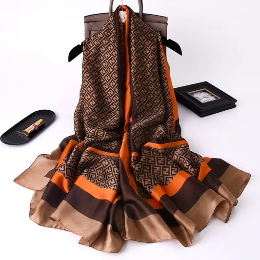 New Long Silk Scarf for Women – Geometric Block