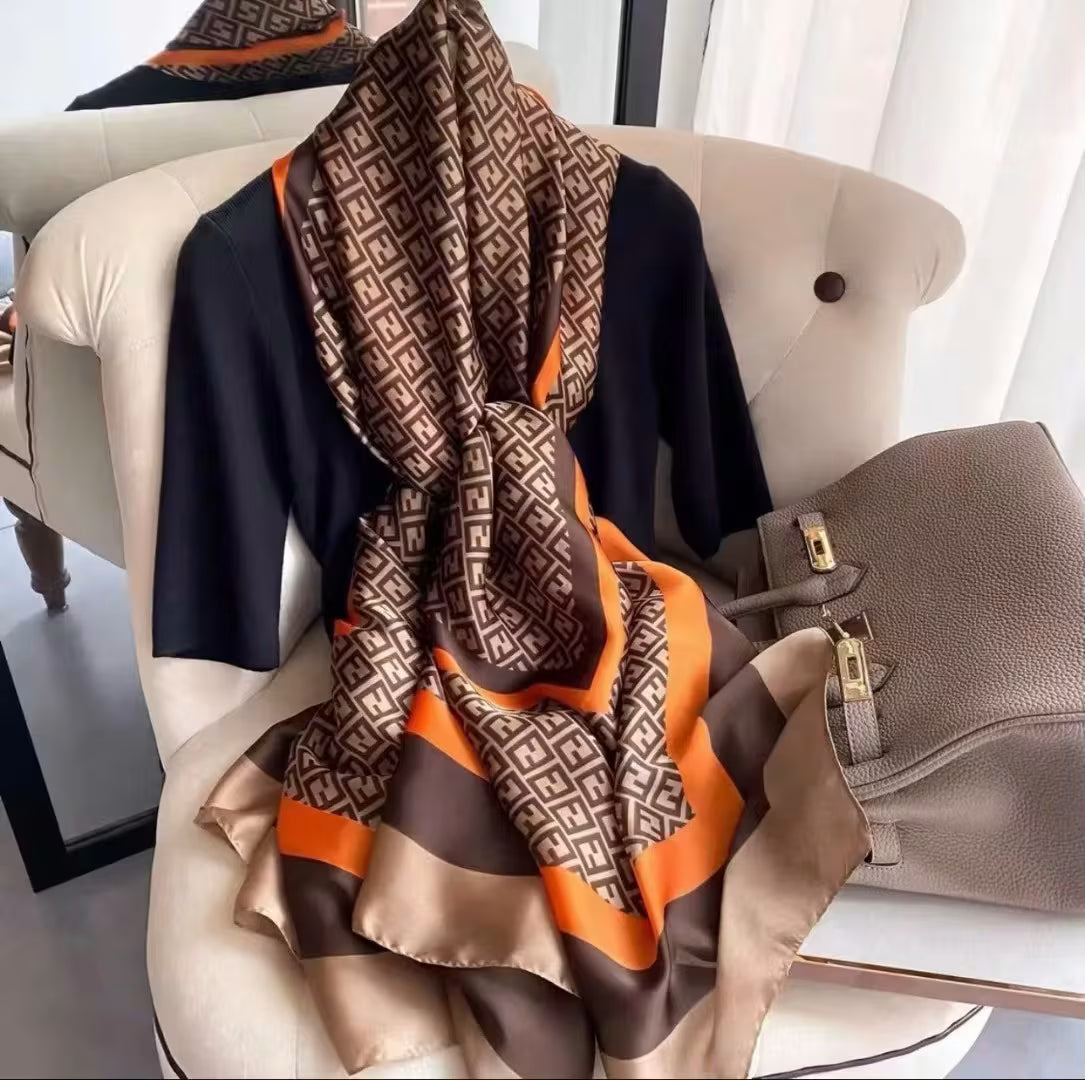 New Long Silk Scarf for Women – Geometric Block