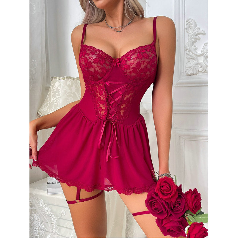 Sexy Mesh Nightgown Lingerie Set with Thong & Garter Belt