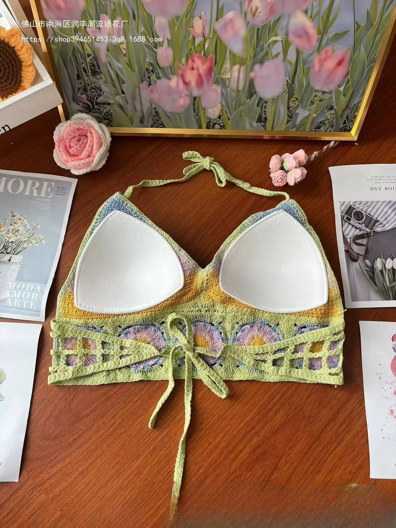 Embroidered Crochet Crop Top for Women – Hollow V-Neck Lace-Up Cotton Sling Vest