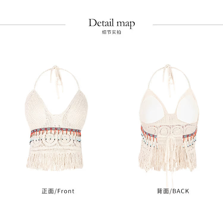 Ethnic Knit Halter Crop Top for Women – Slim Fit Ultra-Short Elegant Sling Top Apricot Color