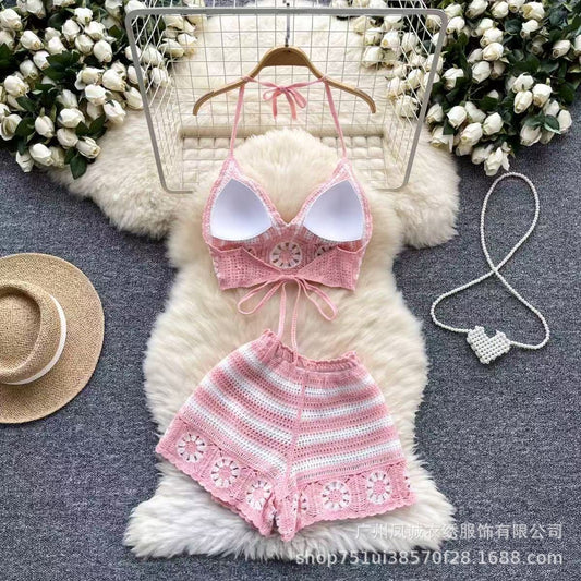 Halter Neck Knit Camisole Set for Women | Crop Top & Shorts 2PCS Outfit