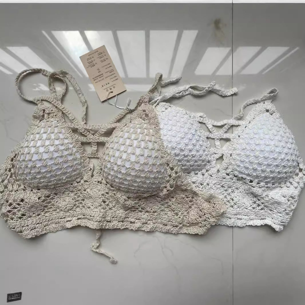 Crochet Halter Top for Women – Backless Lace-Up V-Neck Beach Tube Top (White & Apricot)