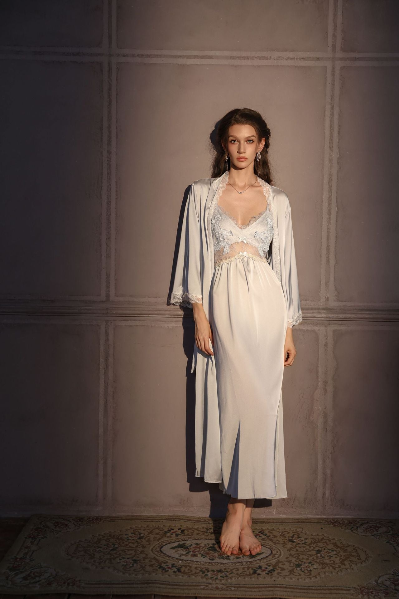 French Style Ice Silk Padded Nighty Set for Women – Sexy Lace Trim Long Camisole Sleepwear
