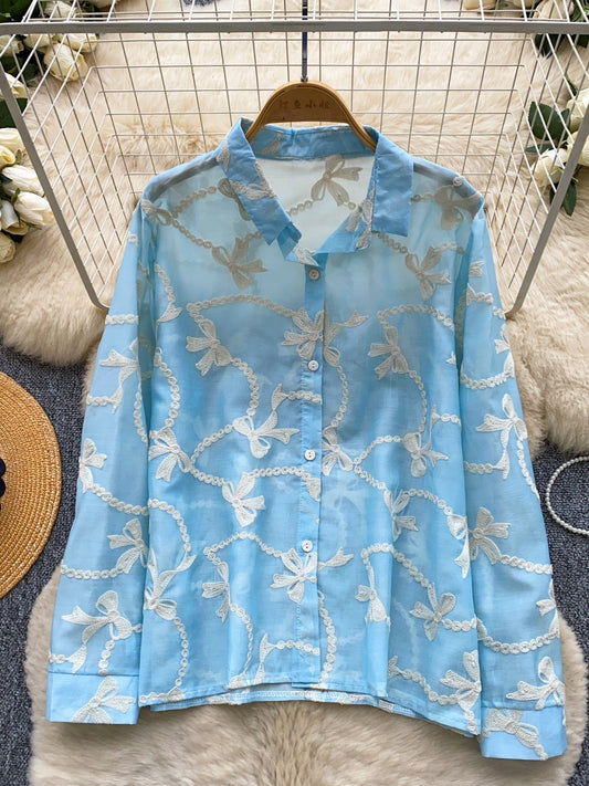 French Style Embroidered Bow Shirt for Women – Korean Long Sleeve Loose Fit Office & Casual Top