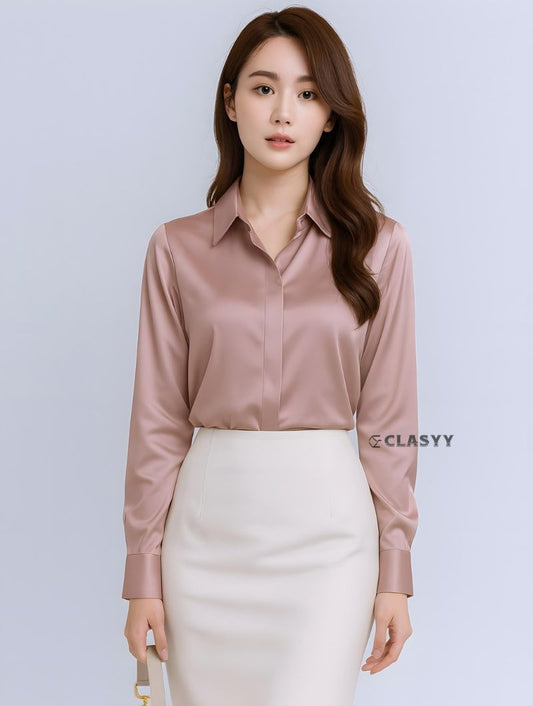 Women’s acetic satin silk shirt – lightweight, glossy, soft-touch fabric, elegant casual wear
