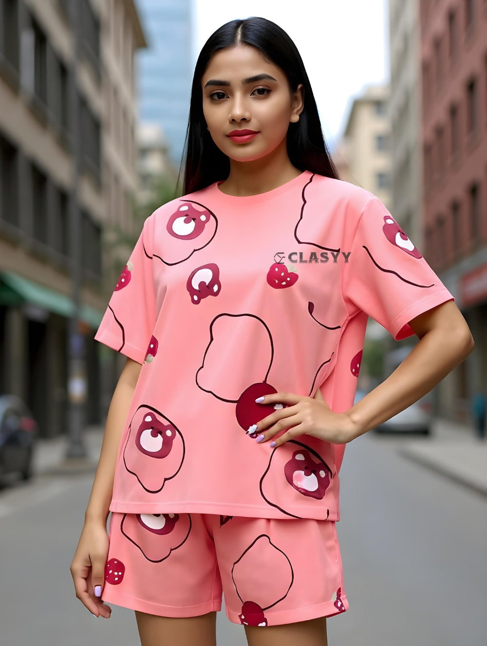 Women Summer Printed Short-sleeved T-shirt With Chest Pad + Shorts Combo Rose red strawberry bear
