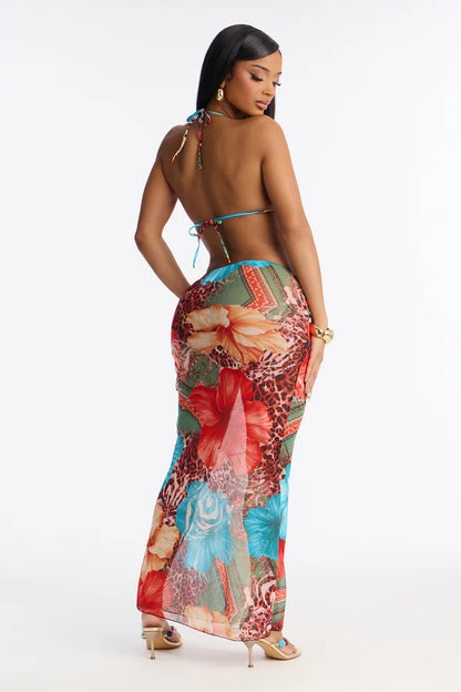 Women's 3-Piece Floral Bikini Set with Long Beach Skirt – European Style Printed Swimsuit