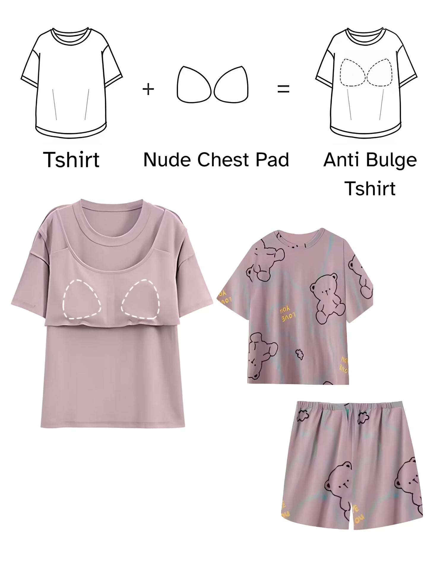 Purple bear Women Summer Printed Short-sleeved T-shirt With Chest Pad + Shorts Combo