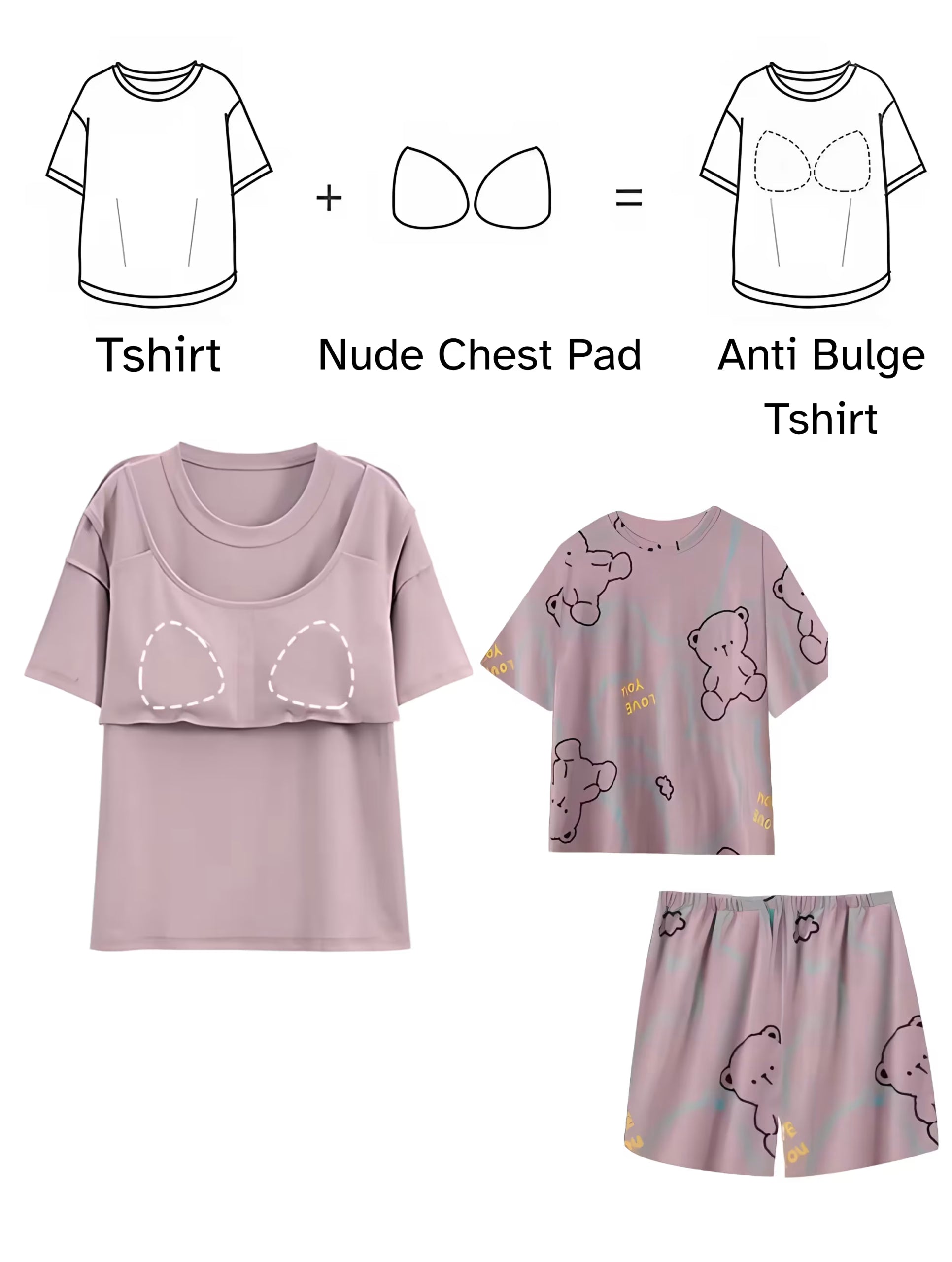 Purple bear Women Summer Printed Short-sleeved T-shirt With Chest Pad + Shorts Combo