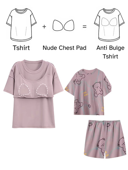 Purple bear Women Summer Printed Short-sleeved T-shirt With Chest Pad + Shorts Combo