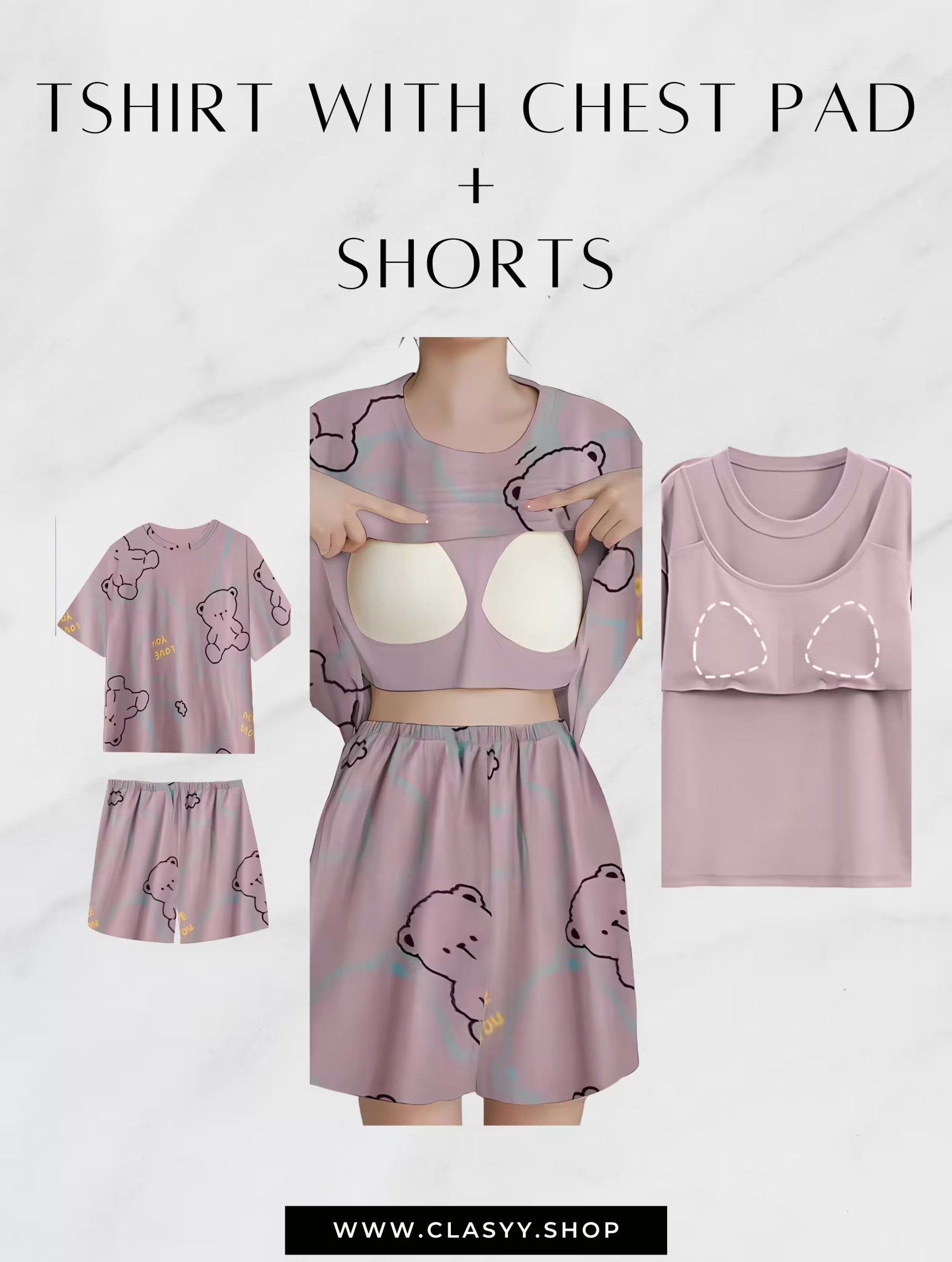 Purple bear Women Summer Printed Short-sleeved T-shirt With Chest Pad + Shorts Combo