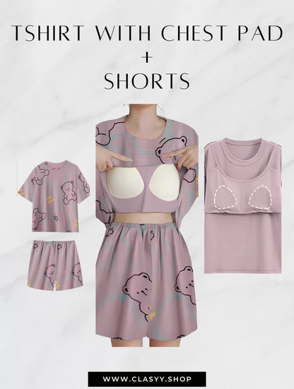 Purple bear Women Summer Printed Short-sleeved T-shirt With Chest Pad + Shorts Combo