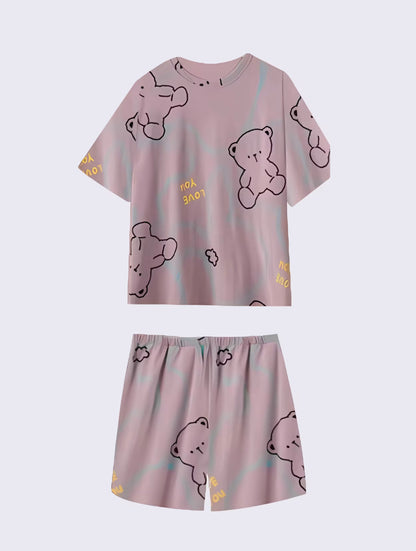 Purple bear Women Summer Printed Short-sleeved T-shirt With Chest Pad + Shorts Combo