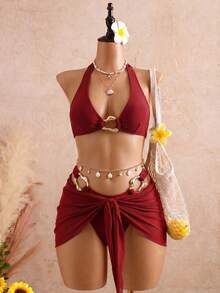 Women's 3-Piece Bikini Swimsuit Set – European Style Lace-Up Bikini with Beach Cover-Up Skirt