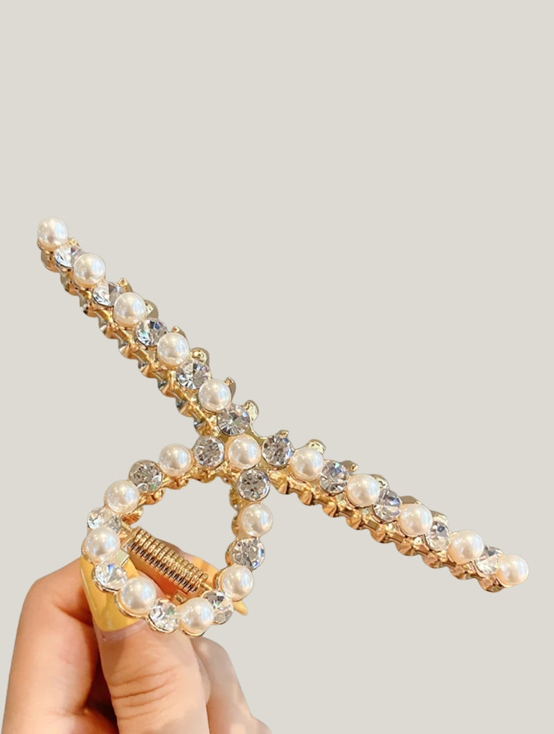 Metal Hair Clip R-type Pearl with Drill Clamp Light Gold
