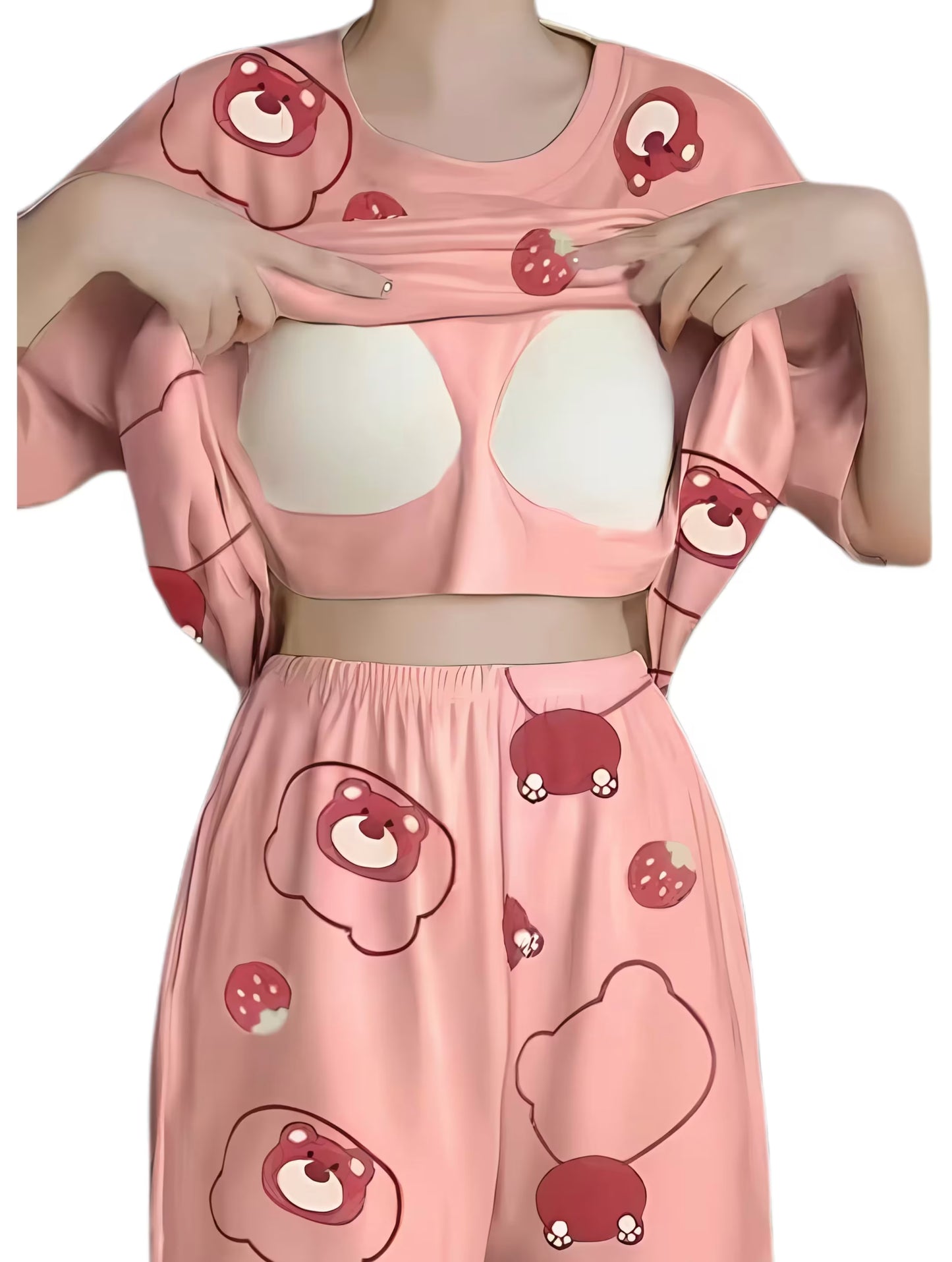 Women Summer Printed Short-sleeved T-shirt With Chest Pad + Shorts Combo Rose red strawberry bear