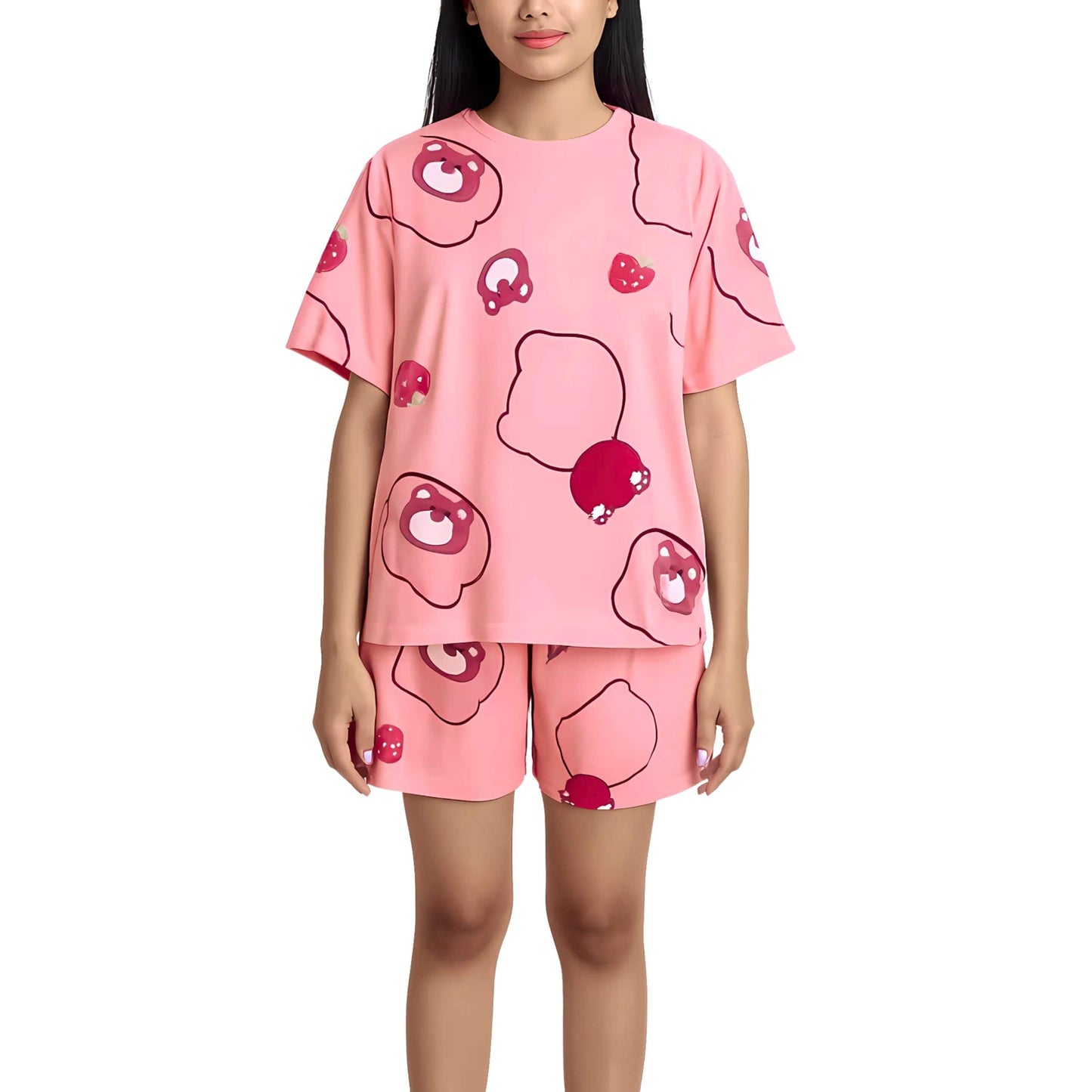 Women Summer Printed Short-sleeved T-shirt With Chest Pad + Shorts Combo Rose red strawberry bear