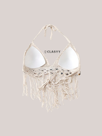 Crochet Knitted Embroidered Backless Tube Top Beads