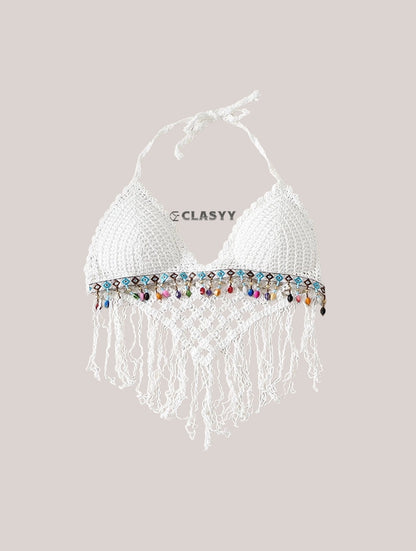Crochet Knitted Embroidered Backless Tube Top Beads
