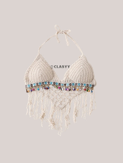 Crochet Knitted Embroidered Backless Tube Top Beads