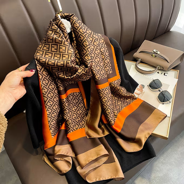 New Long Silk Scarf for Women – Geometric Block
