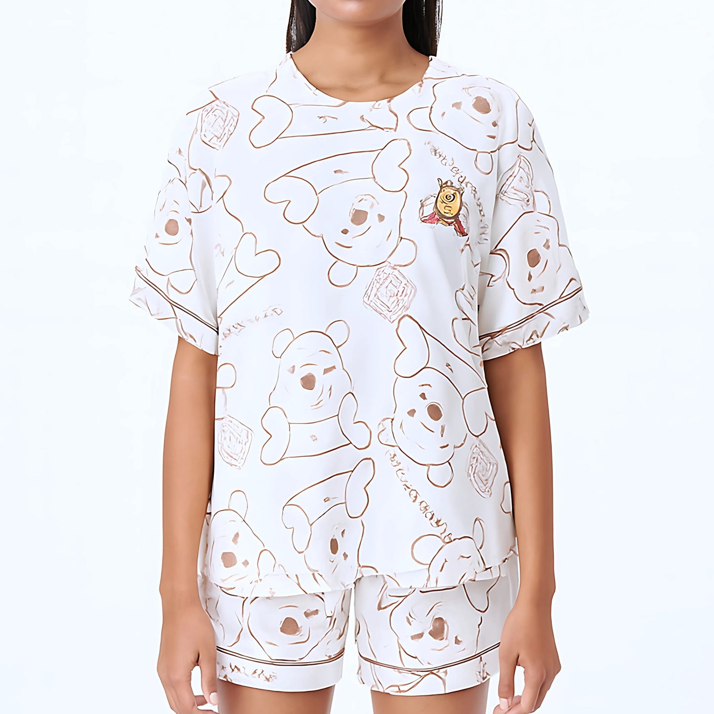 Women Summer Printed Short-sleeved T-shirt With Chest Pad + Shorts Combo