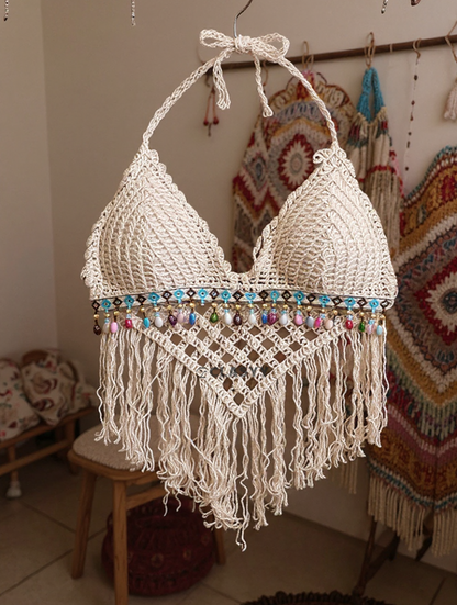 Crochet Knitted Embroidered Backless Tube Top Beads