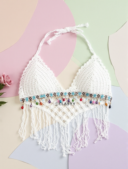 Crochet Knitted Embroidered Backless Tube Top Beads