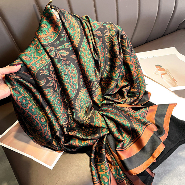 New Long Silk Scarf for Women – Green Floral
