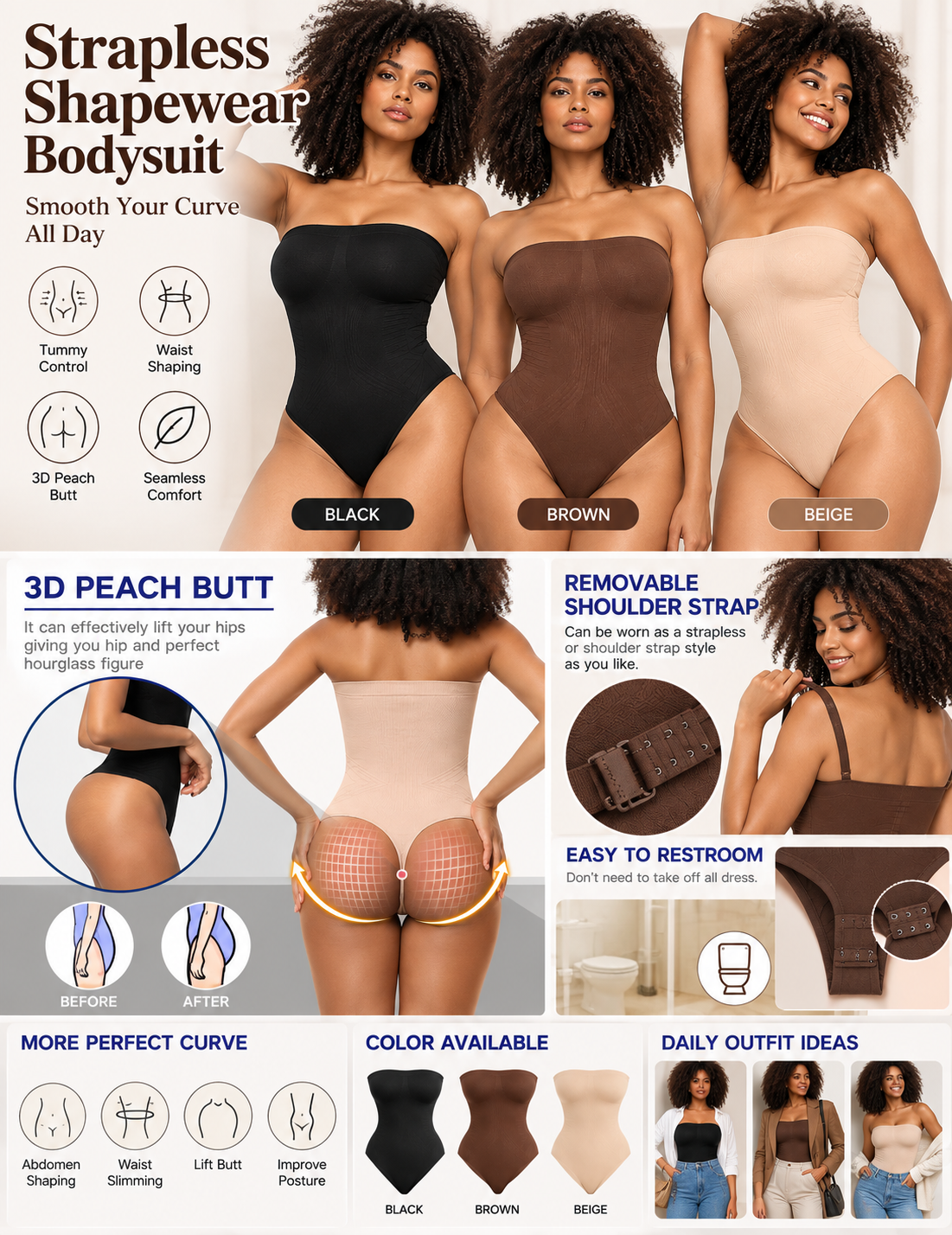 Seamless Strapless Shapewear Bodysuit – Tummy & Waist Control